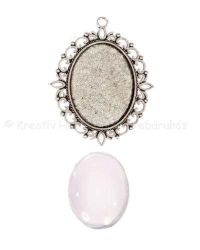 Fém medál lencsével ovális, 30 x 40 mm - ezüst