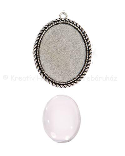 Fém medál lencsével ovális, 30 x 40 mm - ezüst