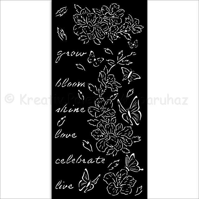 MEDIA Stencil 12 x 25 cm/ 0,25 mm - Happiness Secret Diary, virágok és pillangó