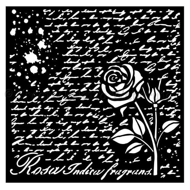 MEDIA Stencil 18 x 18 cm/ 0,25 mm - Rose Parfum kézirat rózsával
