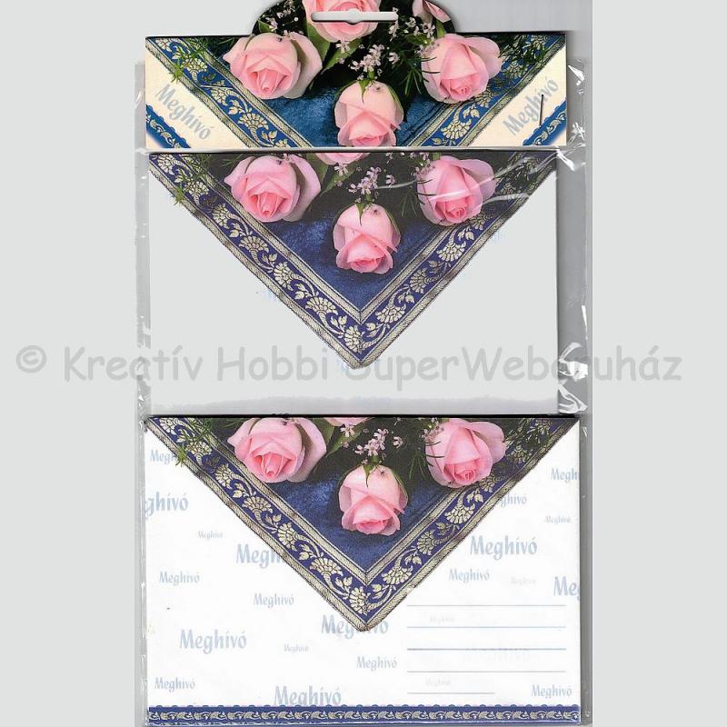 Meghívó borítékkal 6 db - rózsás