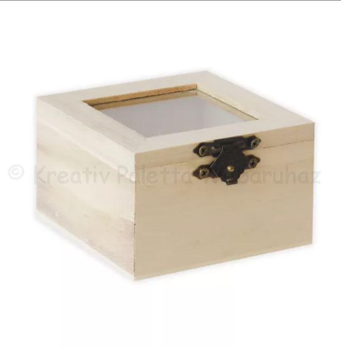 Négyzet alakú üvegbetétes doboz 8 x 8 x 5 cm