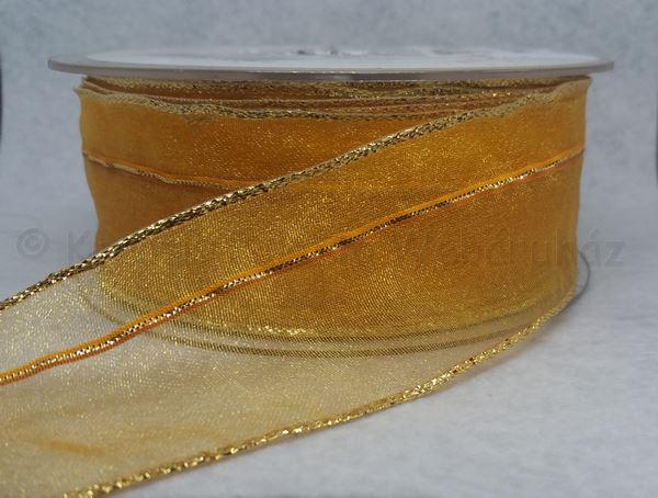 Organza szalag arany csíkkal drótos szegéllyel, 40 mm