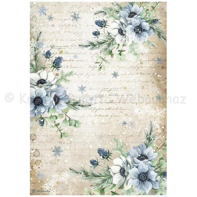Rizspapír A/4 - Romantikus téli kék virágok