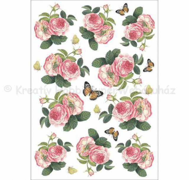Rizspapír A/4 - rózsák és pillangó