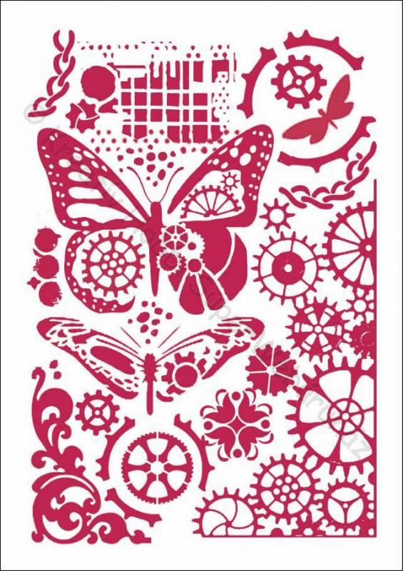 Stencil G, 21 x 29,7 cm - Pillangók és fogaskerekek - Steampunk