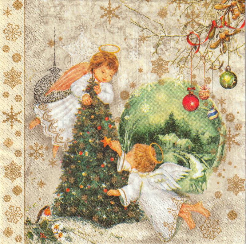 Szalvéta - angyalkák díszítik a karácsonyfát