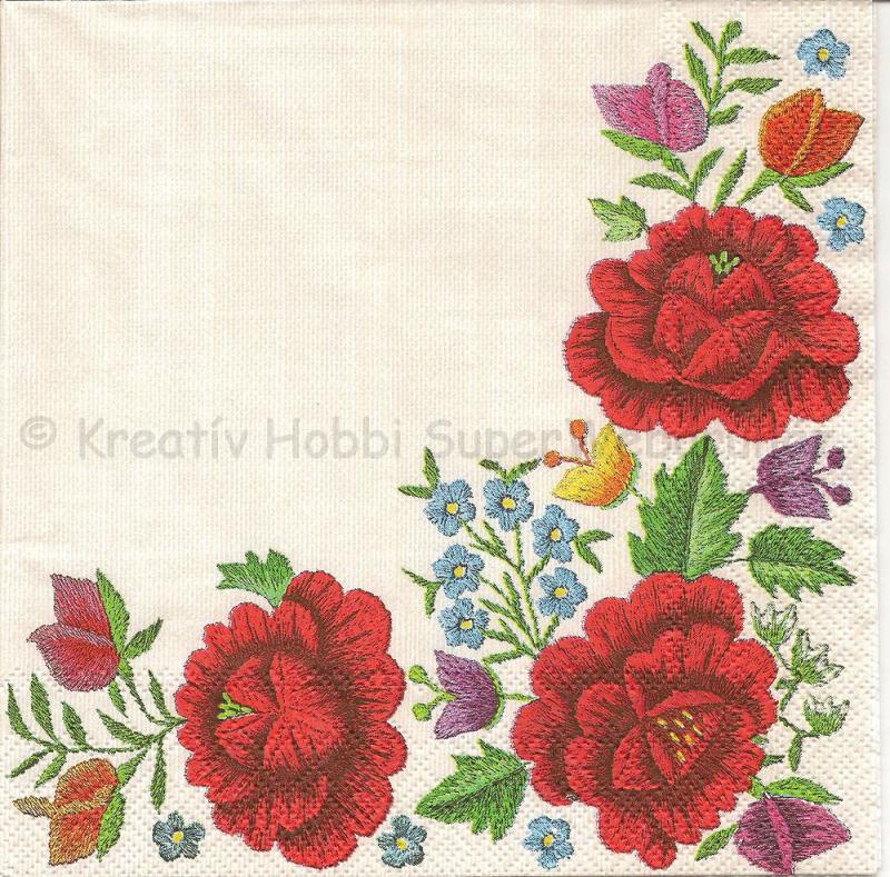 Szalvéta - hímzett pipacs bordűr - poppy Embroidery Brder