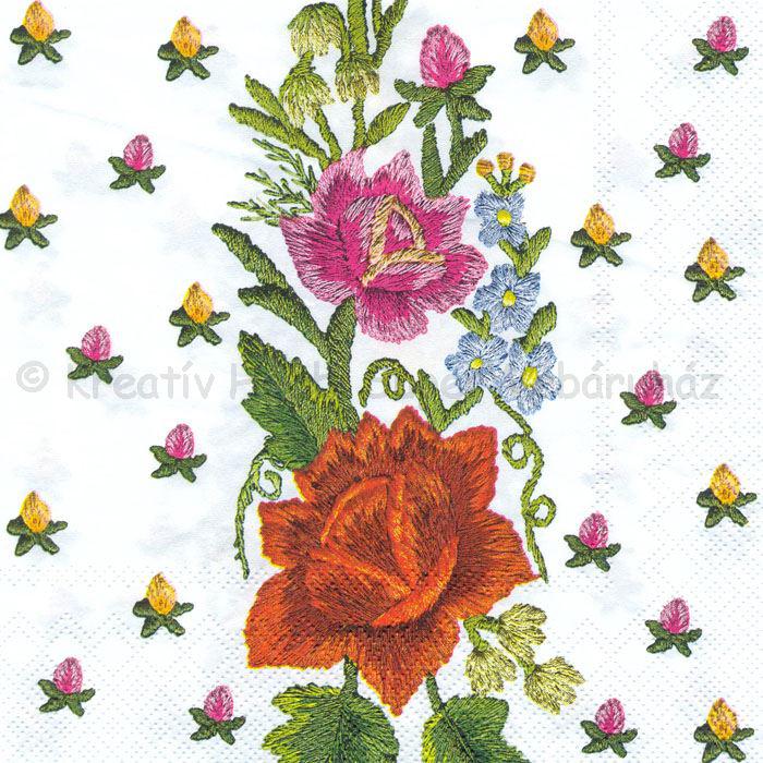 Szalvéta - hímzett virágok fehér alapon