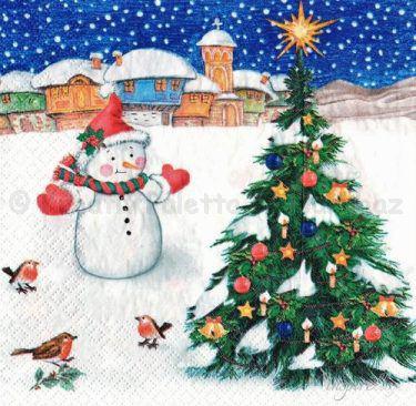 Szalvéta - hóember karácsonyfával