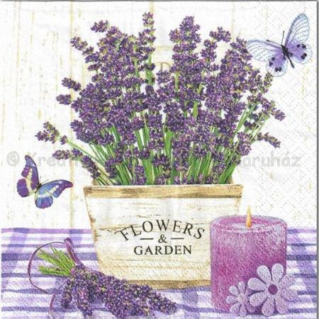 Szalvéta - levendula cserépben, gyertyával