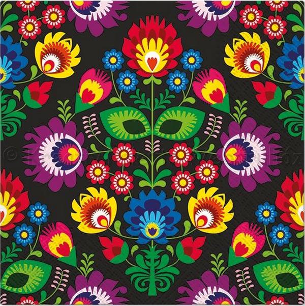 Szalvéta - népi motívum fekete alapon