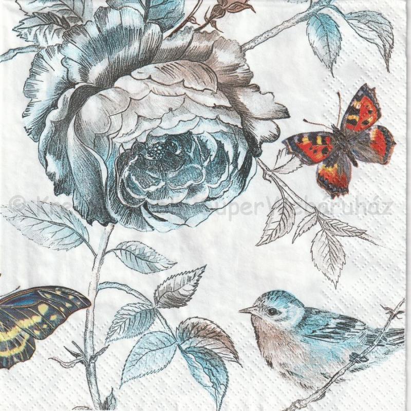 Szalvéta - rózsa pillangókkal és madarakkal