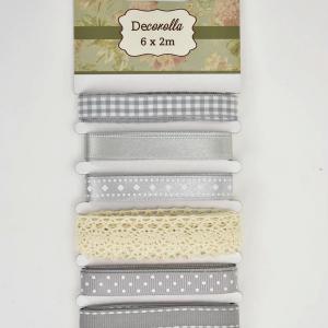 Dekor szalag csipkével 6 x 2 m szürke árnyalatok