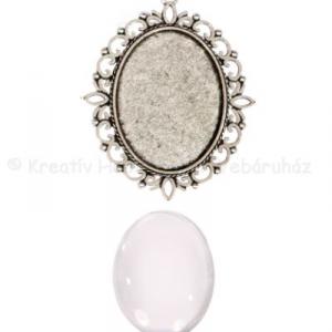 Fém medál lencsével ovális, 30 x 40 mm - ezüst