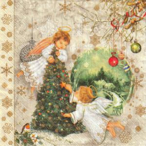 Szalvéta - angyalkák díszítik a karácsonyfát