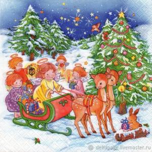 Szalvéta - angyalkák szánon -  Xmas angels on a sieigh