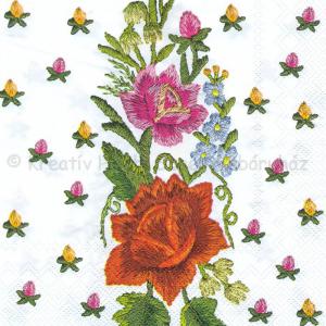 Szalvéta - hímzett virágok fehér alapon
