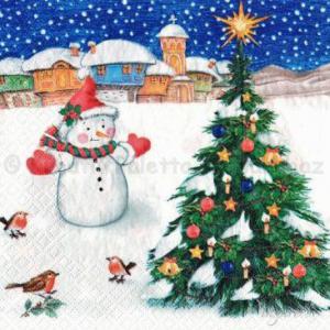 Szalvéta - hóember karácsonyfával