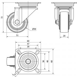 Fekete poliamid kerék forgó villa 50x20mm