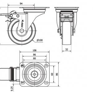 INOX poliamid kerék ERŐSÍTETT forgó-fékes villa 100 mm