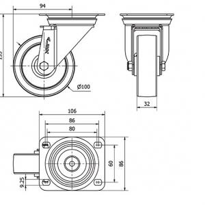 INOX poliamid kerék ERŐSÍTETT forgó villa 100 mm