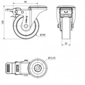 INOX poliamid kerék ERŐSÍTETT hátfuratos fékes villa 100x32 mm
