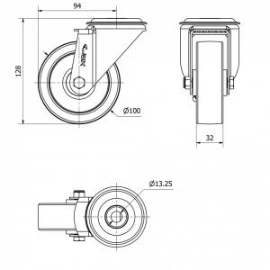 INOX poliamid kerék ERŐSÍTETT hátfuratós forgó villa 100x32 mm