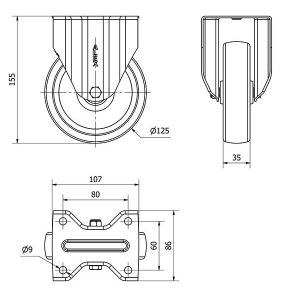 INOX poliamid kerék fix villa 125x35 mm