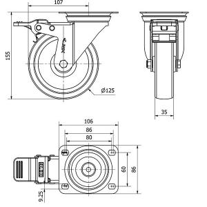 INOX poliamid kerék forgó-fékes villa 125x35 mm