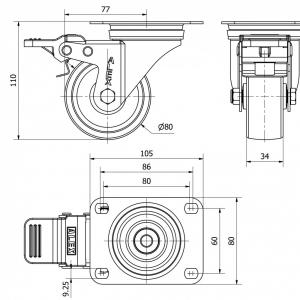 INOX poliamid kerék forgó-fékes villa 80x34 mm