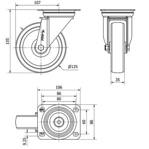 INOX poliamid kerék forgó villa 125x35 mm