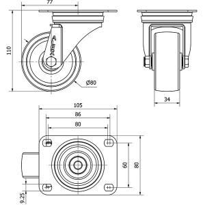 INOX poliamid kerék forgó villa 80x34 mm