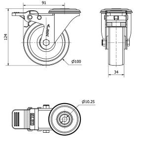 INOX poliamid kerék hátfuratós forgó-fékes villa 100 mm