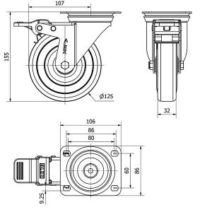 INOX szürke tömörgumis kerék forgó-fékes villa 125 mm