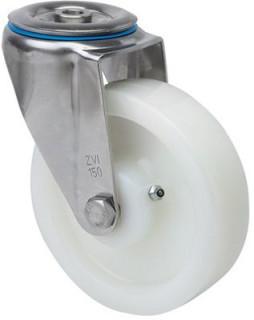 INOX poliamid kerék ERŐSÍTETT hátfuratos fékes villa 100x32 mm