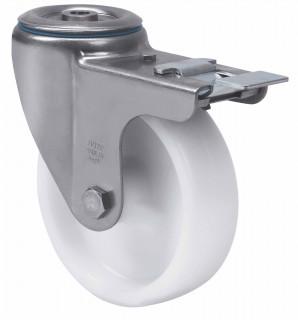 INOX poliamid kerék hátfuratós forgó-fékes villa 100 mm