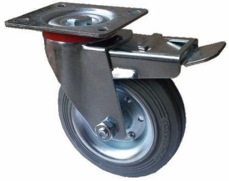 Tömörgumis szürke kerék forgó-fékes villa 150 mm