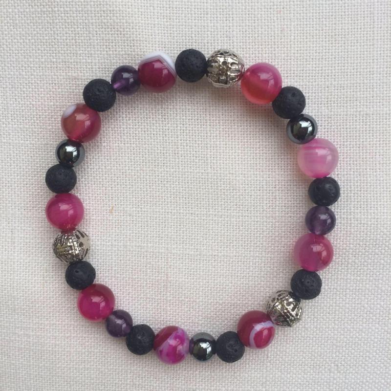 Achát, ametiszt, lávakő, hematit egyedi ásvány karkötő