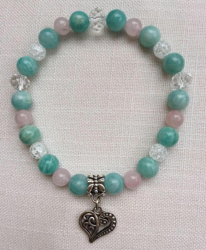 Amazonit-rózsakvarc-hegyikristály egyedi ásvány karkötő