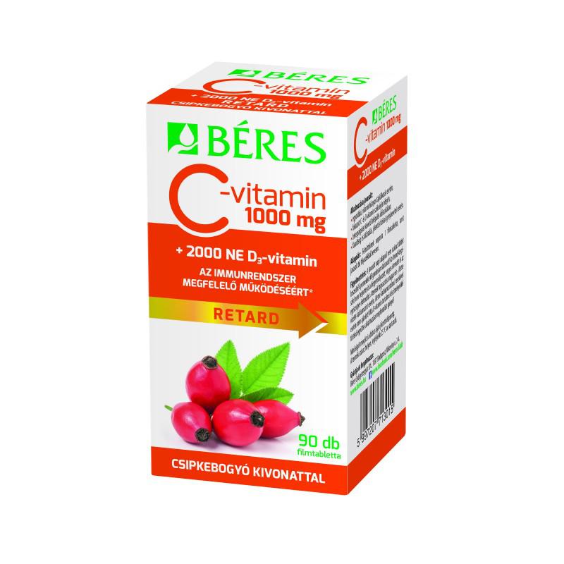 Béres C-vitamin 1000 mg csipkebogyó kivonattal + 2000 NE D3-vitamin retard filmtabletta 90 szem