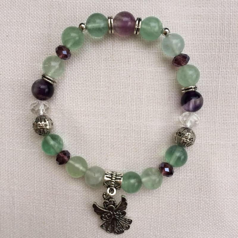 Fluorit (lila és zöld) egyedi ásvány karkötő