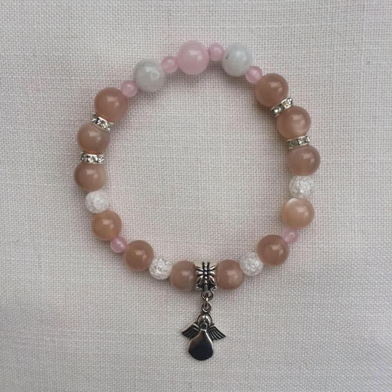 Holdkő (szivárvány és barna), rózsakvarc, hegyikristály egyedi ásvány karkötő