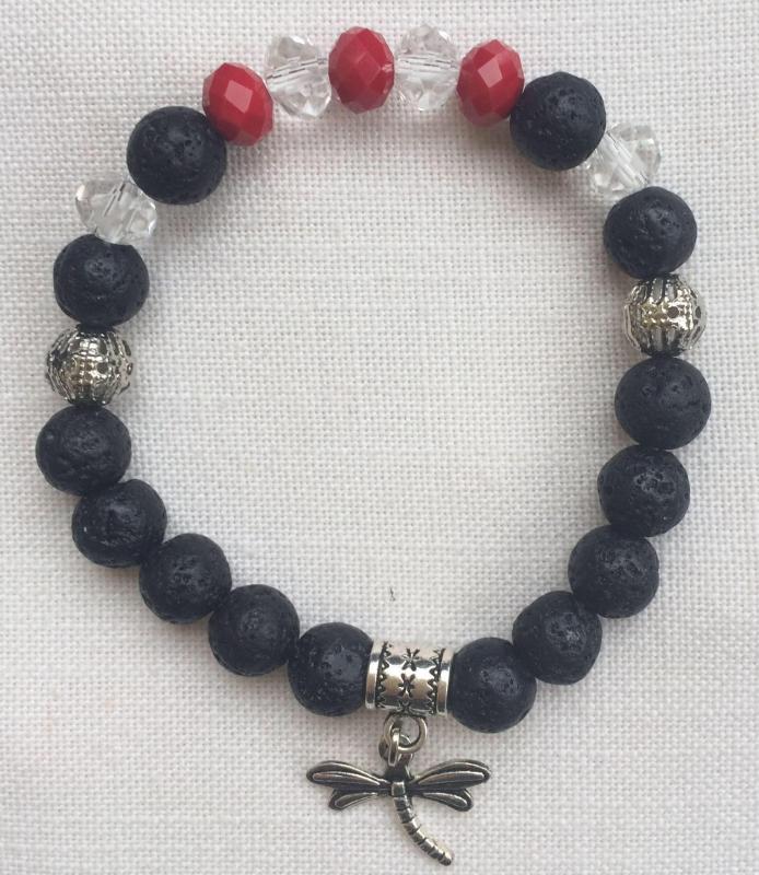 Lávakő, csiszolt üveg egyedi ásvány karkötő