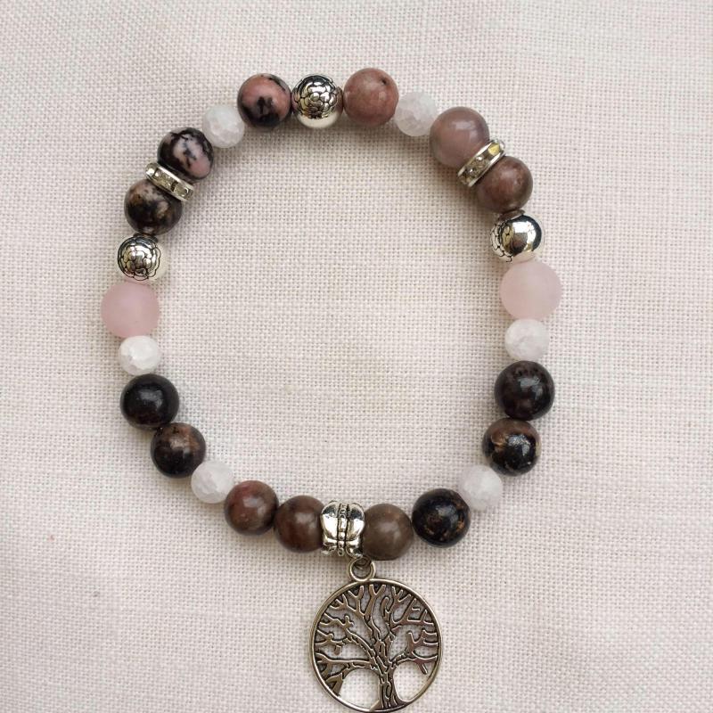 Rodonit,rózsakvarc, hegyikristály egyedi ásvány karkötő