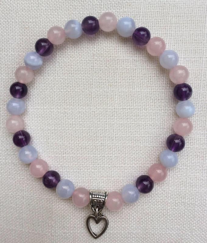 Rózsakvarc-ametiszt-kalcedon egyedi ásvány karkötő