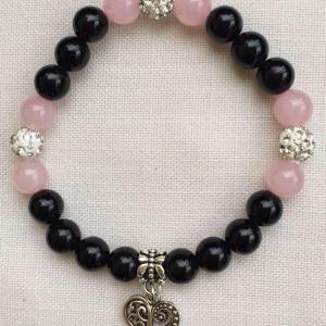 Ónix, rózsakvarc egyedi ásvány karkötő