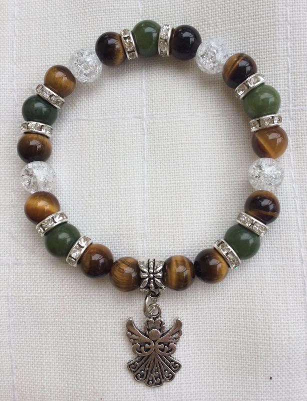 Tigrisszem-jade-hegyikristály egyedi ásvány karkötő