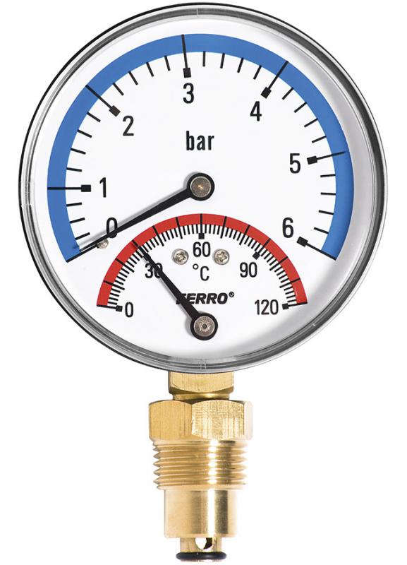 Termomanométer alsó csatlakozású 0-120 °C, 6 bar