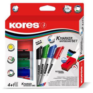 Filctoll Szett Whiteboard táblához, színes - Kores (4db/szett), mágneses táblatörlővel